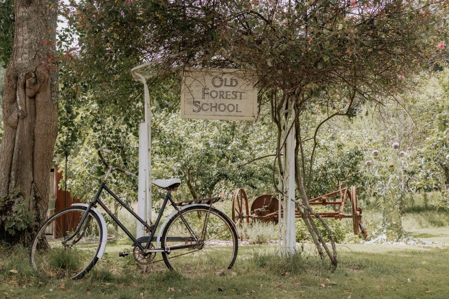 Rustic bicycle leaning against post at Old Forest School
