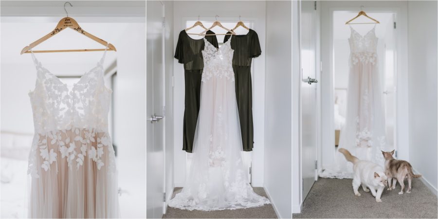wedding and olive green bridesmaids dresses with cats hanging in hallway