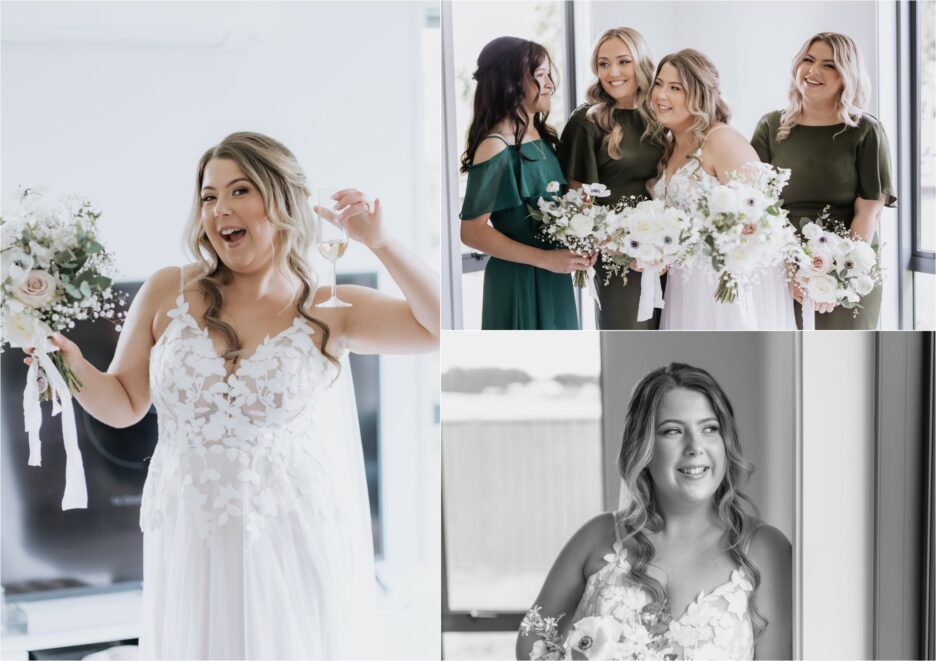 bride drinking champagne with bridesmaids