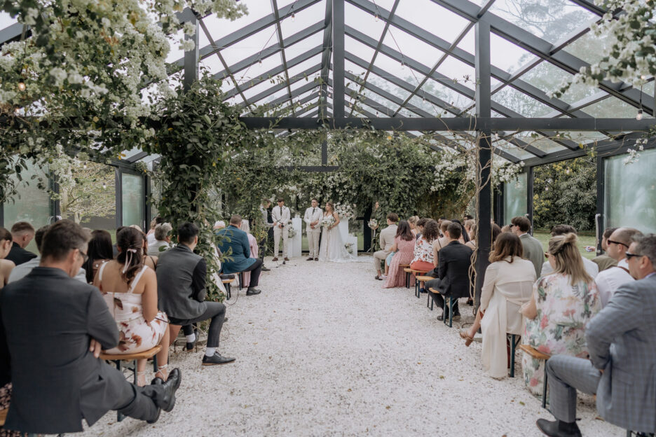 wide angle of the seated area at black walnut wedding ceremony