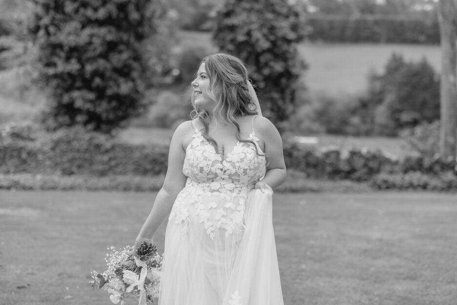 bride looks away at black walnut garden