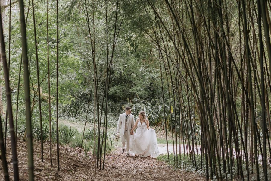 walking between the bamboos at black walnut wedding venue in tauranga