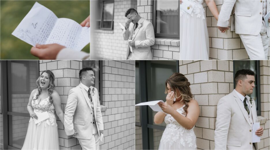 first touch photos between bride and groom not looking at each other reading