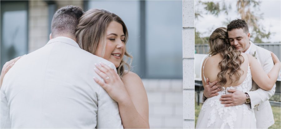 Bride and groom hugging not seeing each other before the wedding