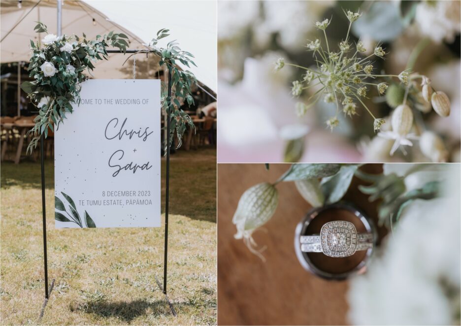 Te Temu Estate Wedding signage with rings and flowers