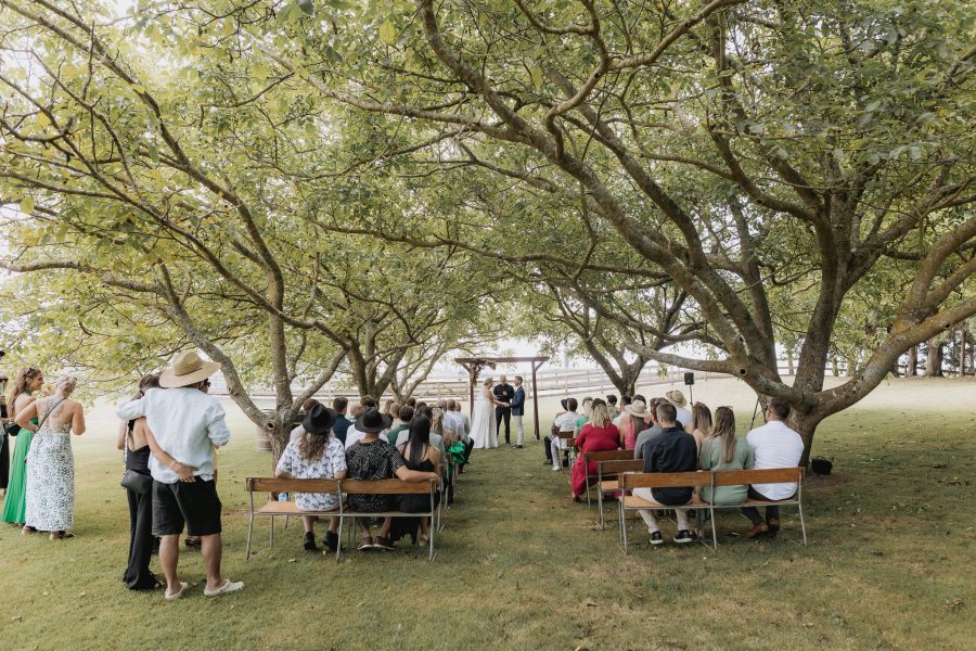wedding ceremony in progress under the trees Te Tumu estate