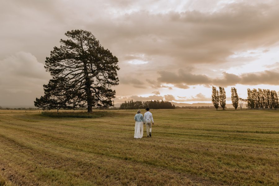 Bridal couple walking into sunset in field Te Tumu Estate