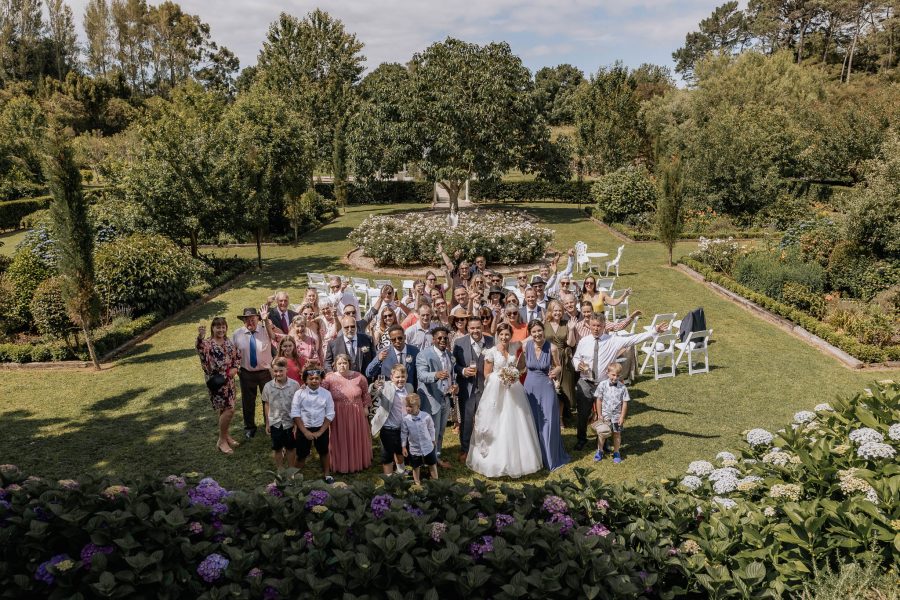 Wedding guests group photo Villa vie gardens