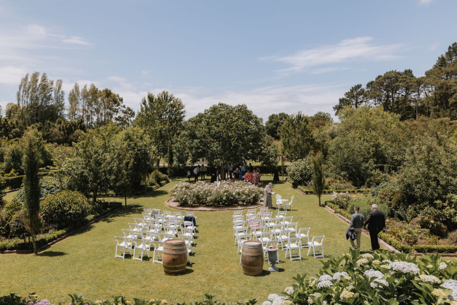 wedding ceremony set up in garden Villa Vie