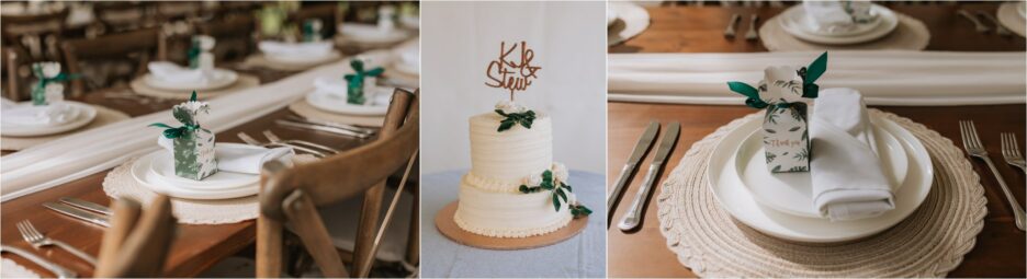 Country rustic table settings in wedding reception area Villa Vie