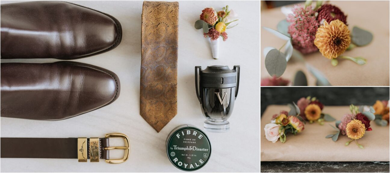 grooms gold tie with brown leather shoes and rustic button holes