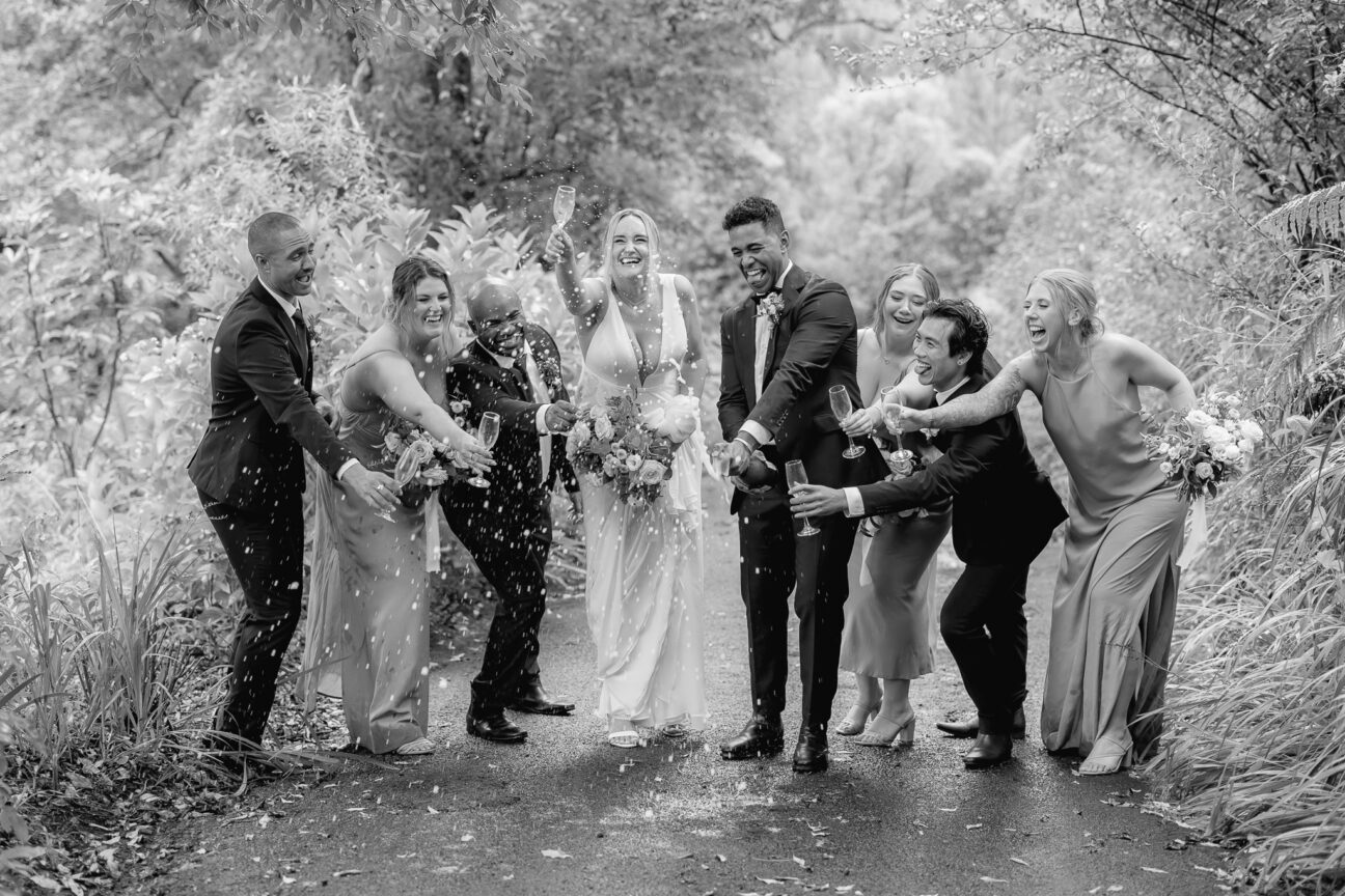 bubbles spraying in air with wedding party celebrating