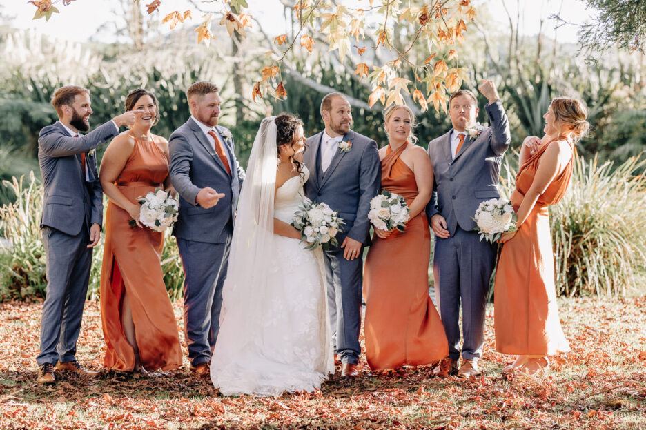 Autumn colors wedding party at Waterlily gardens