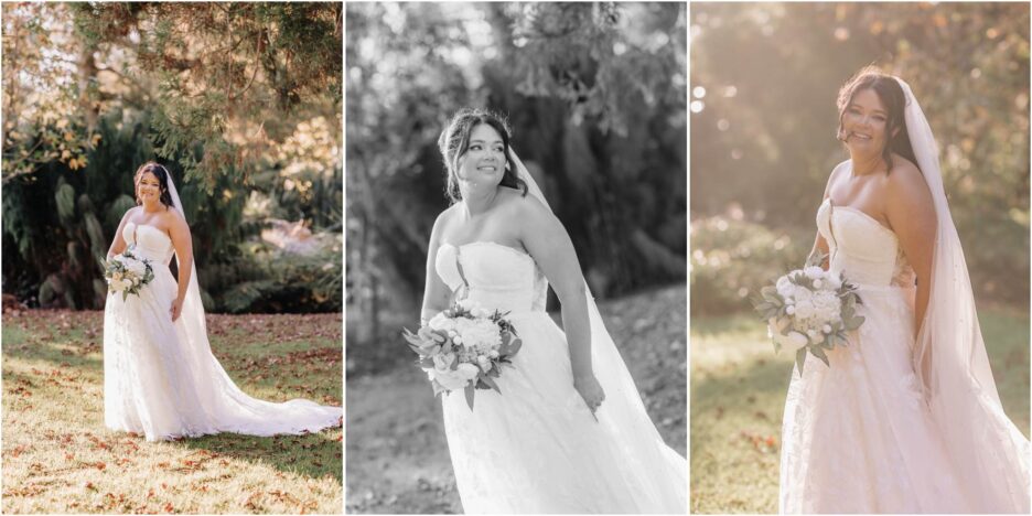 stunning fall bride with sunlit lighting waterlily gardens