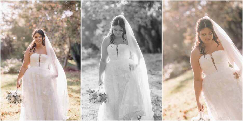 happy beautiful bride walking in waterlily garden in autumn
