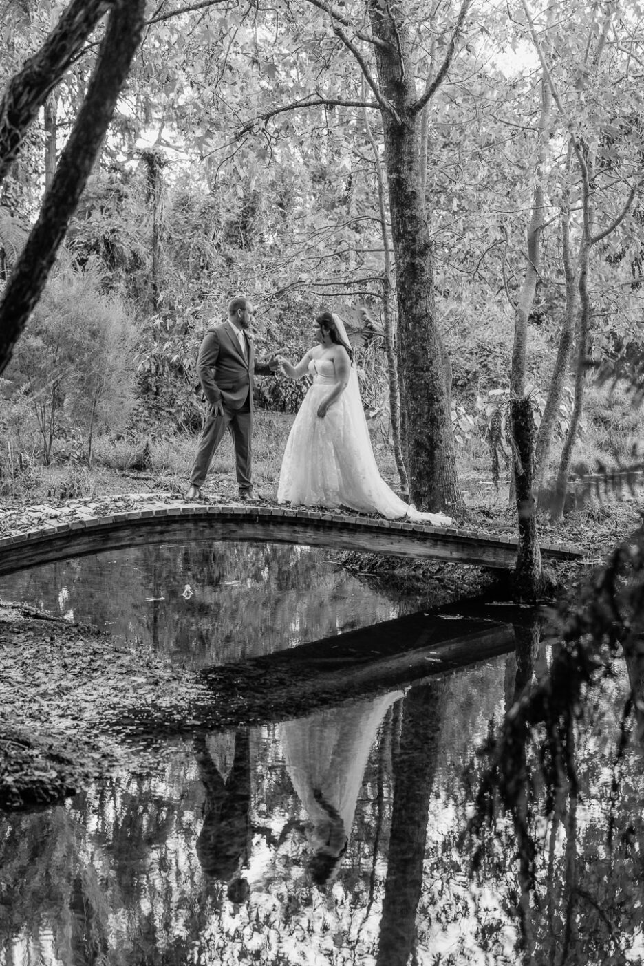 bride and groom walking bridge over pond waterlily gardens waihi New zealand