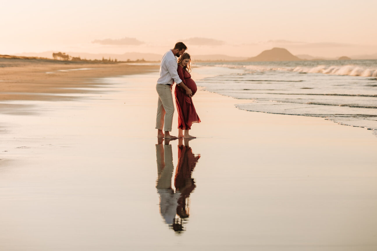 Sunset papamoa beach maternity photo reflection